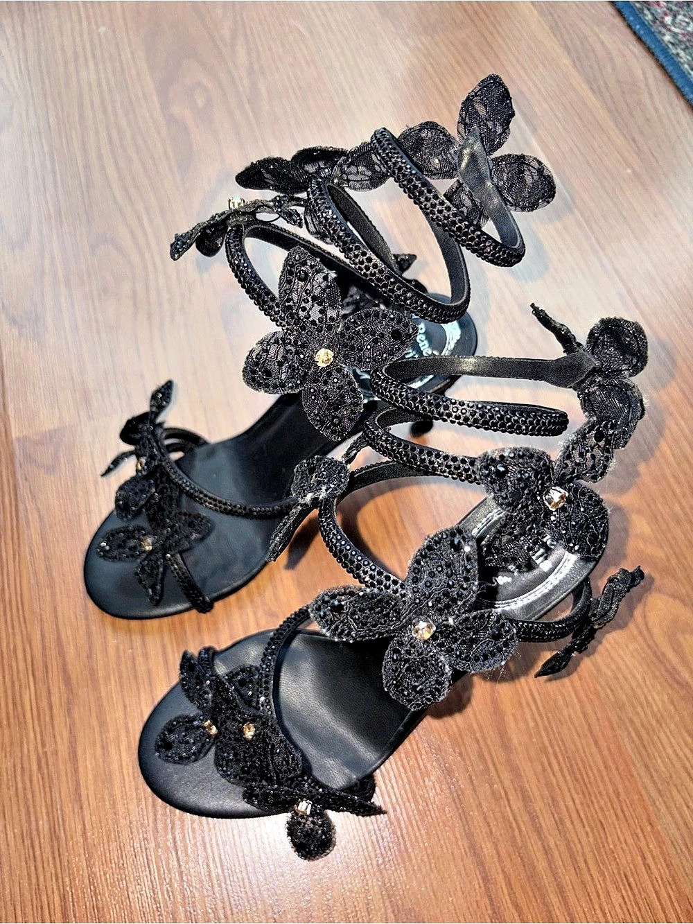 Rene Caovilla Crystal-Embellished Flower Lace Black Heels